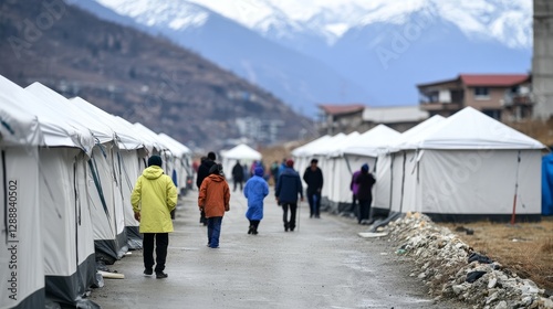 People walking through a temporary settlement surrounded by mountains and tents in winter