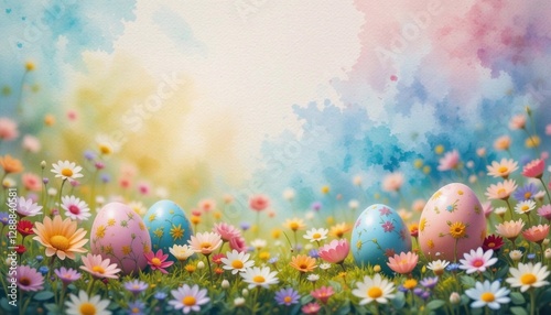 Watercolor textured background of Happy Easter on flowers field of spring