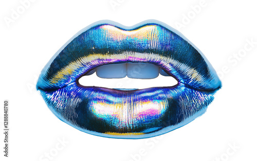 Holographic chrome metal lips on transparent or white background,png