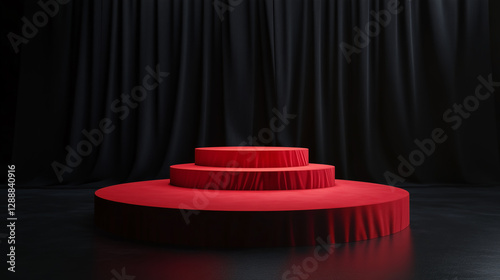Three tiered red podium stage, covered with silk cloths. Set against a backdrop of a black curtain. Elegant looking, studio platform, luxury display.