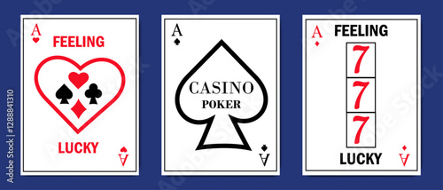 Stylized playing card designs with casino symbols, lucky sevens, and gambling themes on a dark blue background.