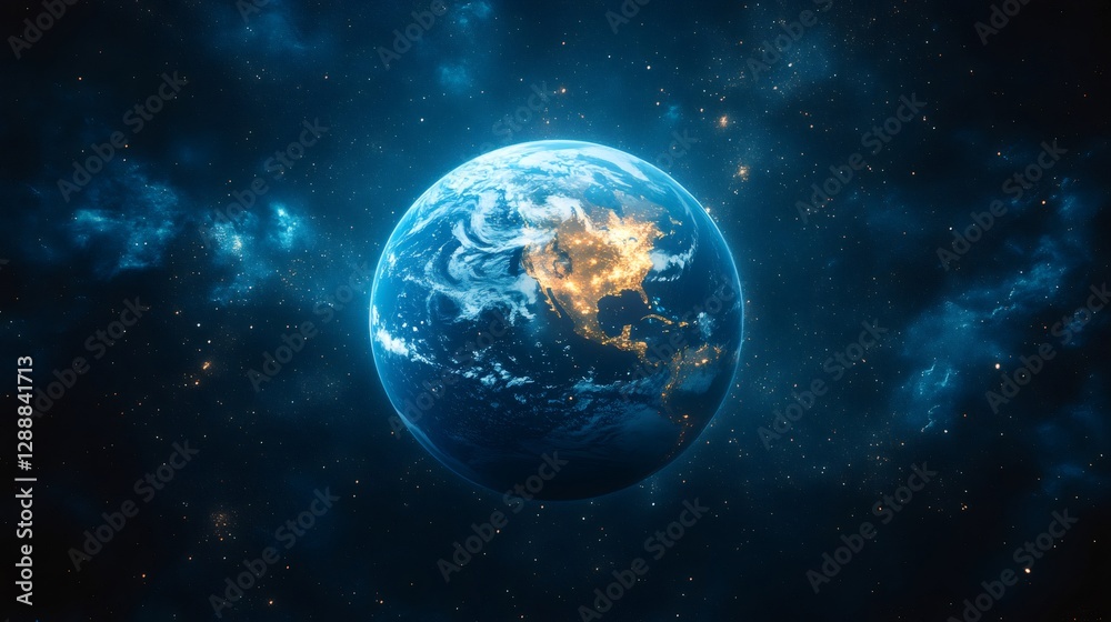 Planet earth rotating in space with illuminated cities and starry background Planet earth rotating in space with illuminated cities and starry background