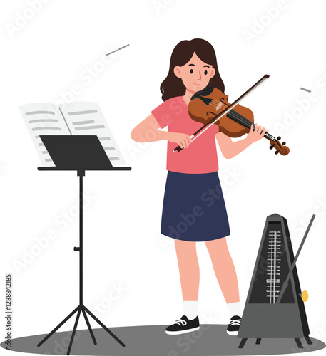 Young girl playing violin while focused on sheet music and metronome