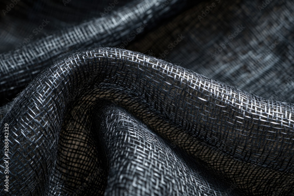 Close-up of dark gray woven fabric with a textured, grid-like pattern.