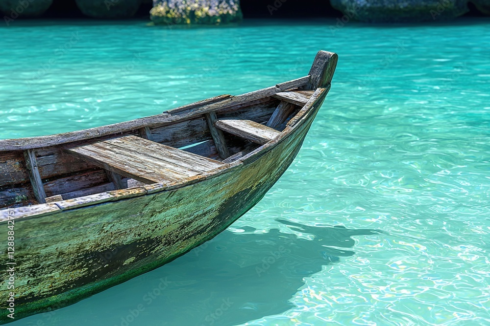 Old wooden boat in the ocean at the tropical island. Generative Ai Old wooden boat in the ocean at the tropical island. Generative Ai