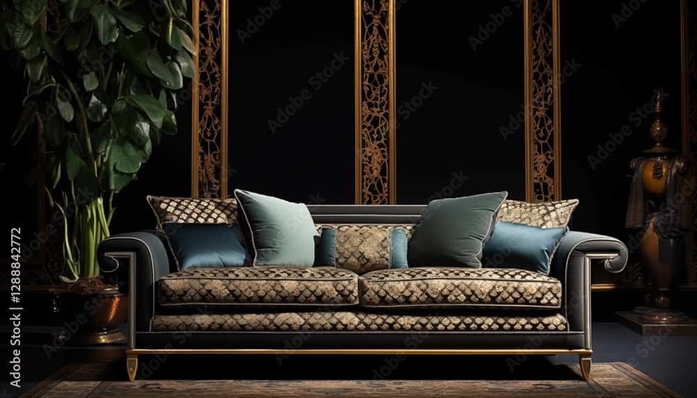 Fototapeta premium Luxury Gold Trim Sofa Teal Pillows Dark Room Decor