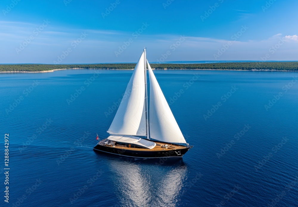 Obraz premium A sailboat with white sails glides across a calm, deep blue sea under a vibrant blue sky. The sun reflects on the water, creating a glistening