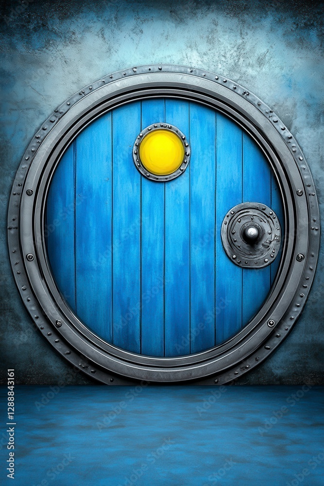 Round blue door with metal frame set in a textured blue wall, featuring a small yellow circular window. Dark, mysterious atmosphere Round blue door with metal frame set in a textured blue wall, featuring a small yellow circular window. Dark, mysterious atmosphere