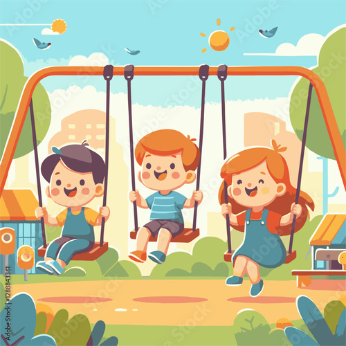 Flat vector illustration of kids playing on swings in a park, joyful atmosphere, vector.
