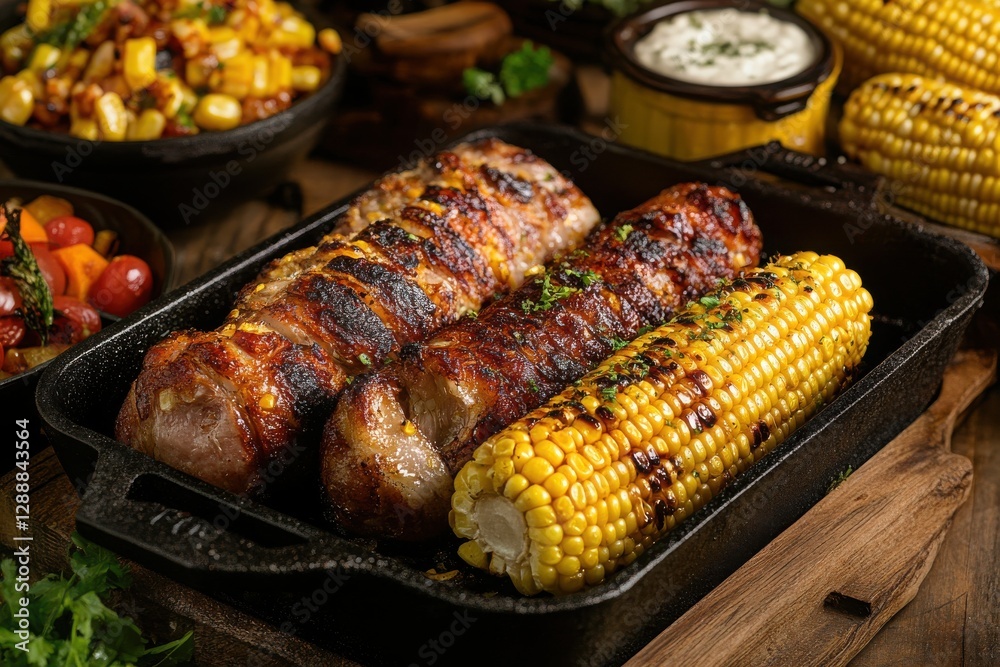 Grilled Sausages and Corn on Cob in Cast Iron Skillet Grilled Sausages and Corn on Cob in Cast Iron Skillet