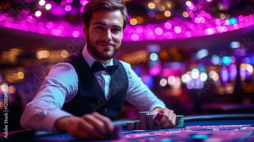 Croupier dealing cards at casino poker table