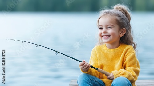 Joyful Little Girl Fishing by a Tranquil Lake