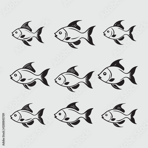 6 Fish line silhouette vector style with a white background background Art & Illustration