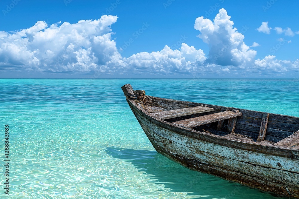 Old wooden boat in the ocean at the tropical island. Generative Ai Old wooden boat in the ocean at the tropical island. Generative Ai