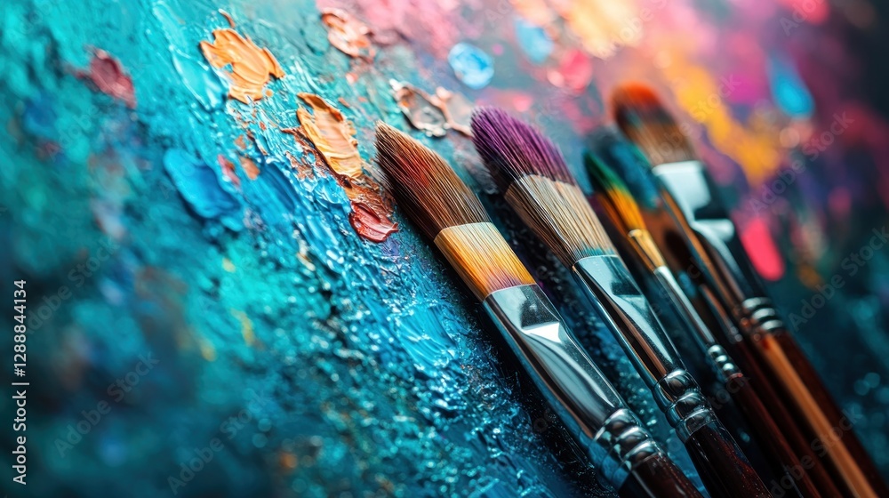 Obraz premium Colorful paintbrushes on vibrant artist's palette