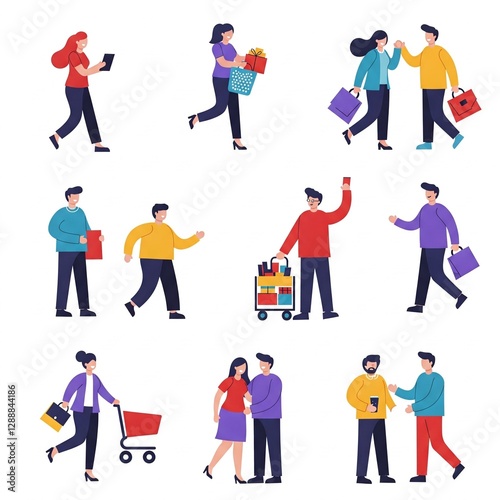 Colorful Illustration of Happy People Shopping with Bags and Gifts in a Vibrant Collection of Shopping Scenes