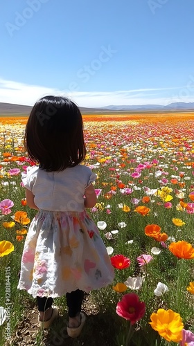 Child admires colorful poppy field