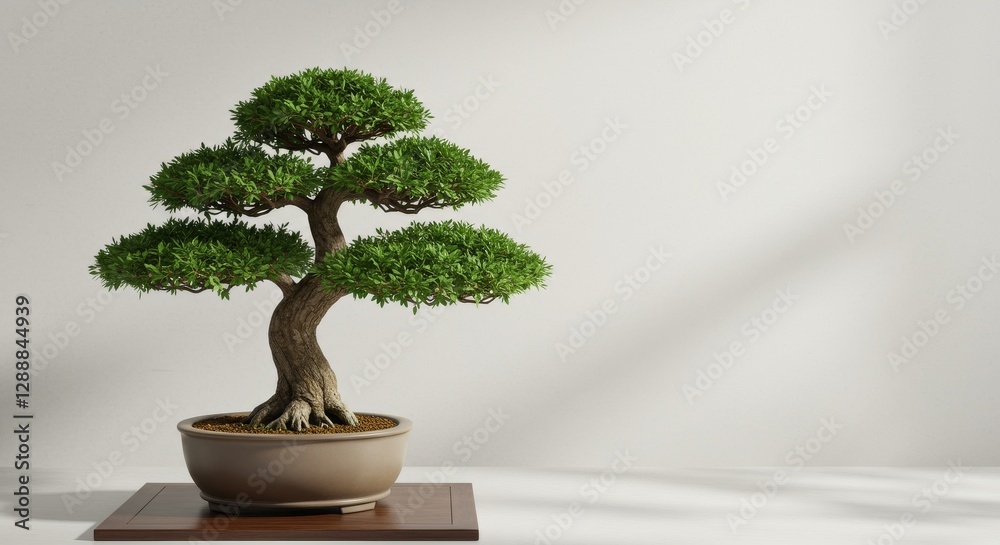 An Artistically Shaped Bonsai Tree Presented on a Wooden Surface An Artistically Shaped Bonsai Tree Presented on a Wooden Surface