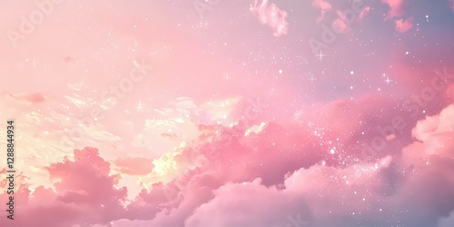 Soft-hued dreamy pink sky with pastel clouds and glowing fairy dust. 