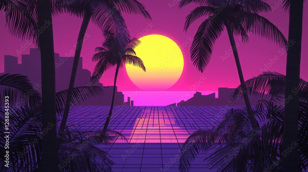 Naklejka premium Vibrant Sunset Over Ocean with Palm Trees and City Silhouette