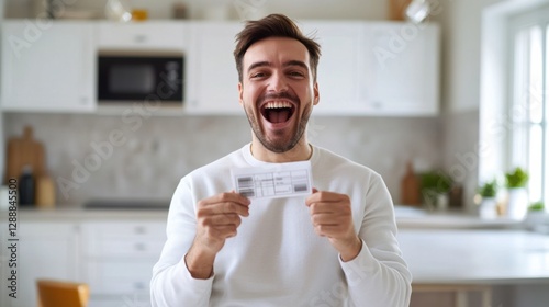 A man celebrating with his lottery ticket in hand, smiling widely in a minimalist kitchen. Featuring excitement and joy