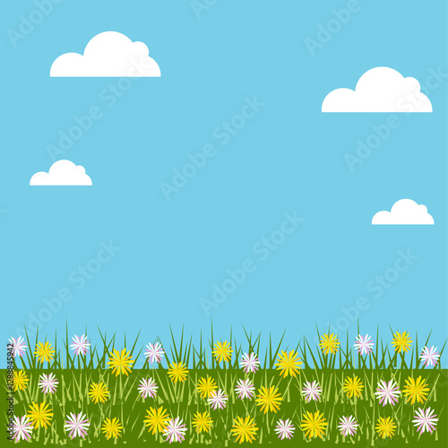 Landscape. Meadow with dandelions. Vector illustration.