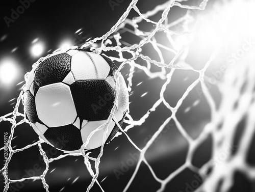 
A football captured inches before crossing the goal line, with the net beginning to bulge and small blades of grass  photo