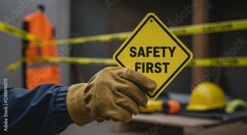 A hand holding a safety first sign for construction