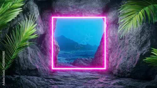 Vibrant pink neon square frame encases a serene coastal landscape view, nestled within dark volcanic rock formations and lush tropical foliage. The photo