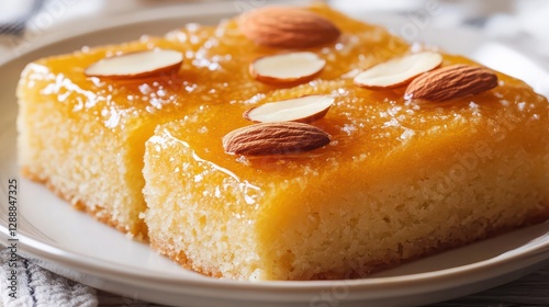 A Middle Eastern basbousa, a semolina cake soaked in sugar syrup, garnished with almonds and rosewater for a fragrant finish.
