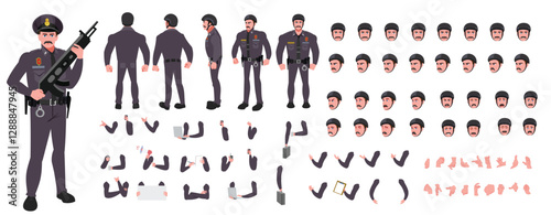 Police Officer Character Design Model Sheet. Man, Character design. Front, side, back view and explainer animation poses. Character set with lip sync and Walk cycle animation sequences.