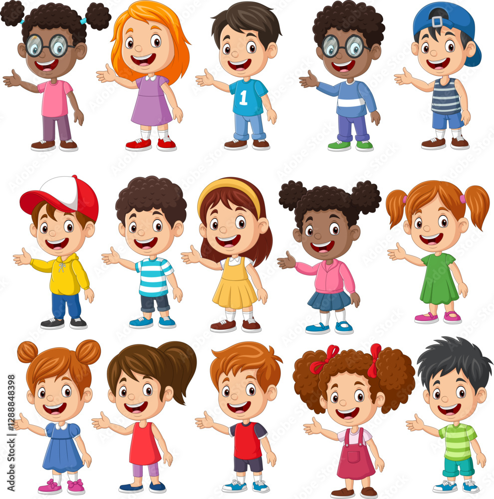 Cartoon collection of multiethnic kids presenting Cartoon collection of multiethnic kids presenting