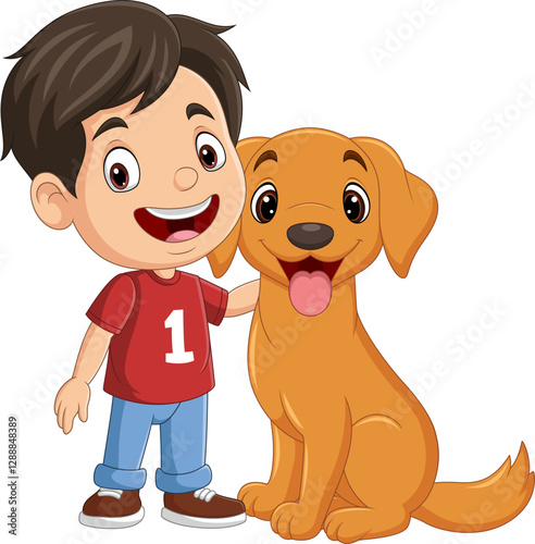 Cartoon little boy is stroking a dog