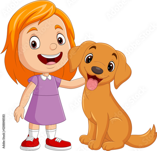 Cartoon little girl stroking dog