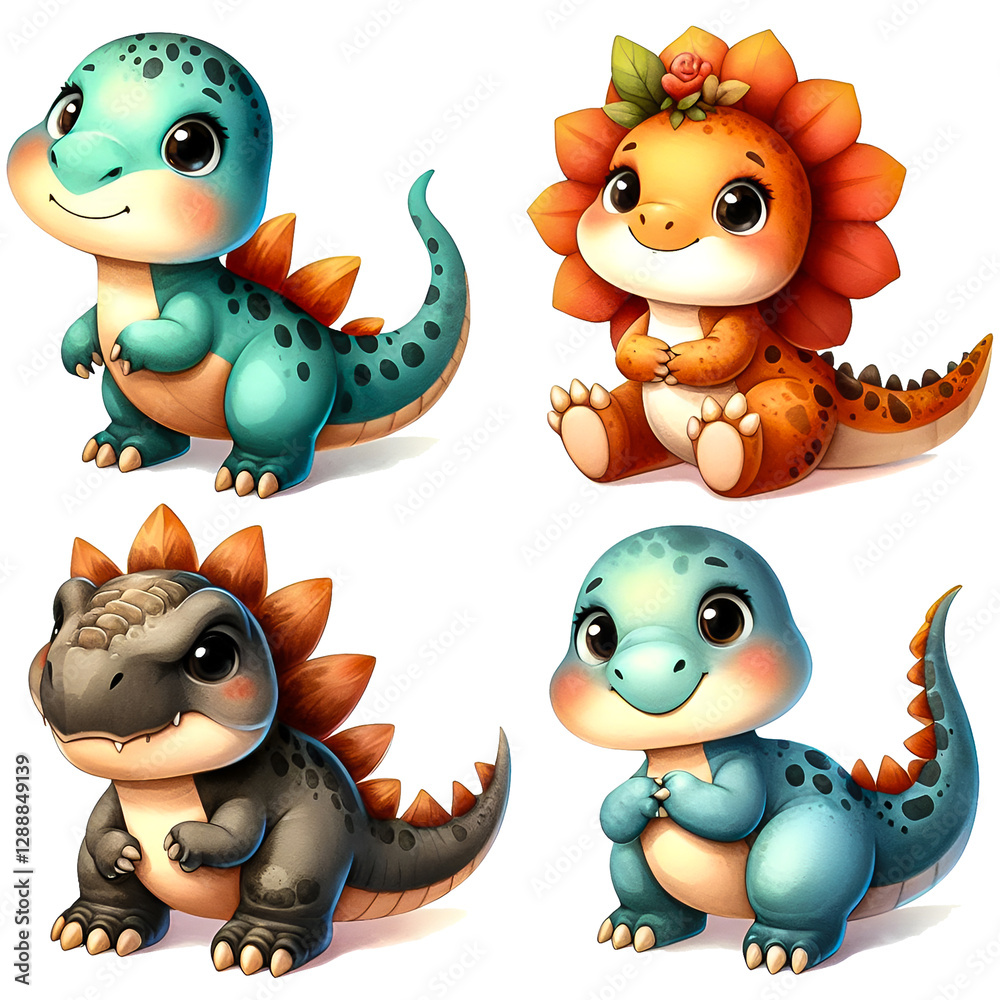 Naklejka premium Watercolor clipart set of cute baby dino. Watercolor clipart illustration isolated on a white background