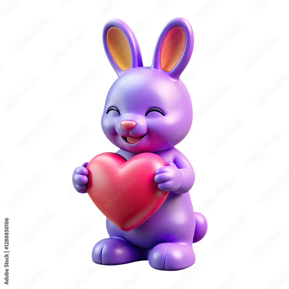 Obraz premium Cute rabbit holding a pink heart, glossy and colorful 3D style. Cute rabbit 3D icon