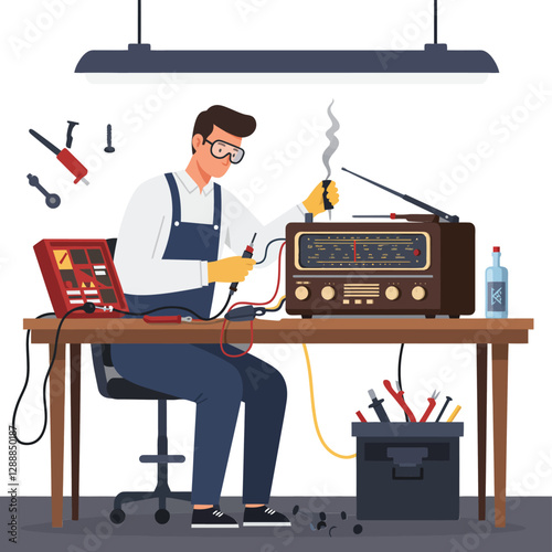 Technician repairing vintage radio with tools and equipment in a workshop setting