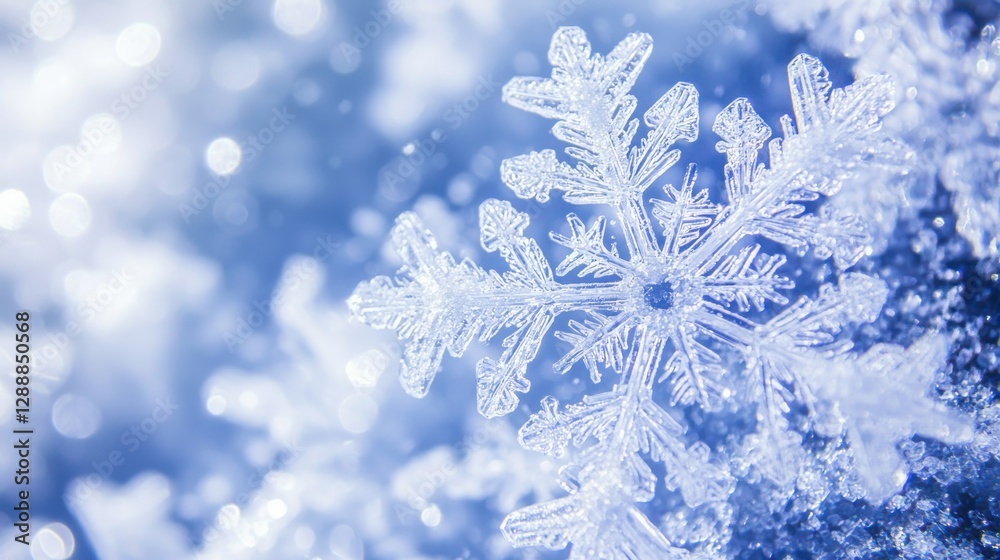 Intricate Snowflake on Blue Background Sparkling in Winter Light Intricate Snowflake on Blue Background Sparkling in Winter Light