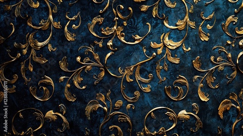 Rich blue fabric adorned with elegant golden floral patterns.