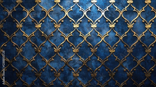 Elegant blue wall with golden decorative pattern and intricate designs.