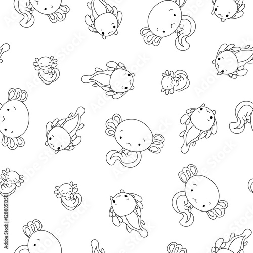 Cute axolotl character. Seamless pattern. Coloring Page. Kawaii ambystoma amphibian different poses. Vector drawing. Design ornaments.