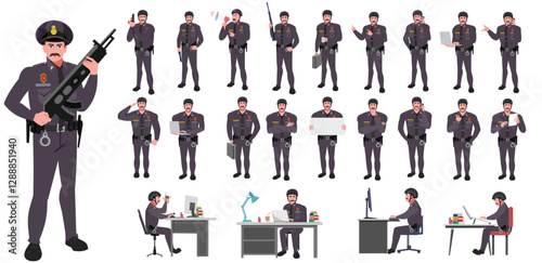 Police Officer Character Design Model Sheet. Man, Character design. Front, side, back view and explainer animation poses. Character set with lip sync and Walk cycle animation sequences.