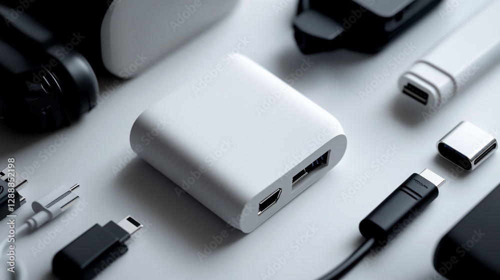 Fototapeta premium Modern Tech Accessories: A Close-Up of USB-C Hub, Cables, and Gadgets