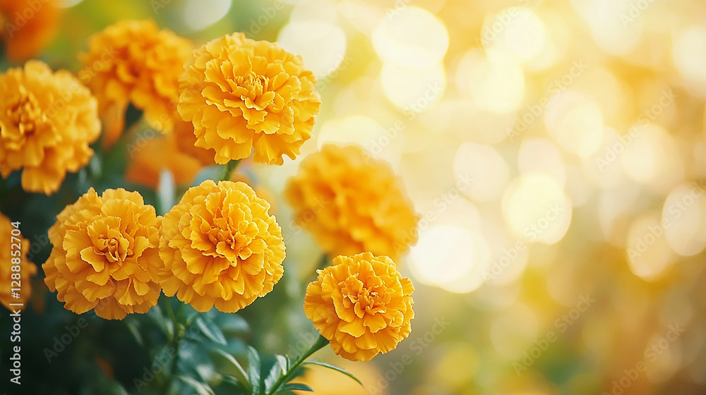 A group of golden marigolds clustered on the left side A group of golden marigolds clustered on the left side