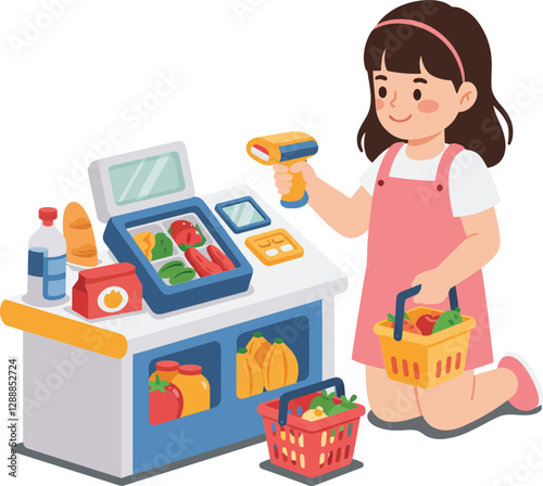 Young girl scanning groceries at a supermarket checkout counter with colorful items