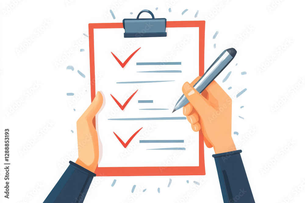 Illustration of hands holding a checklist with checkmarks, symbolizing task completion and organization. Illustration of hands holding a checklist with checkmarks, symbolizing task completion and organization.