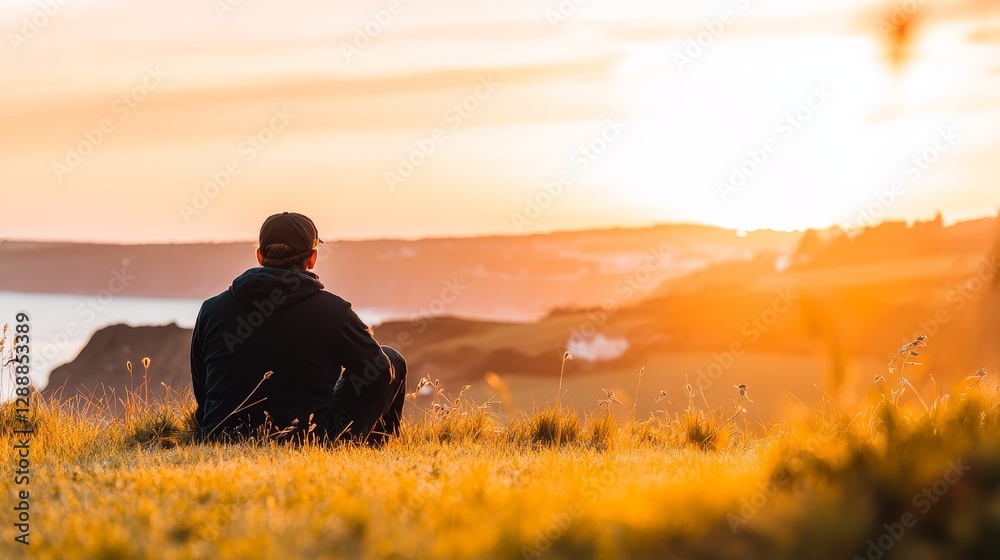 Man sitting on a grassy hilltop during sunset, overlooking a coastal landscape with vibrant colors Man sitting on a grassy hilltop during sunset, overlooking a coastal landscape with vibrant colors