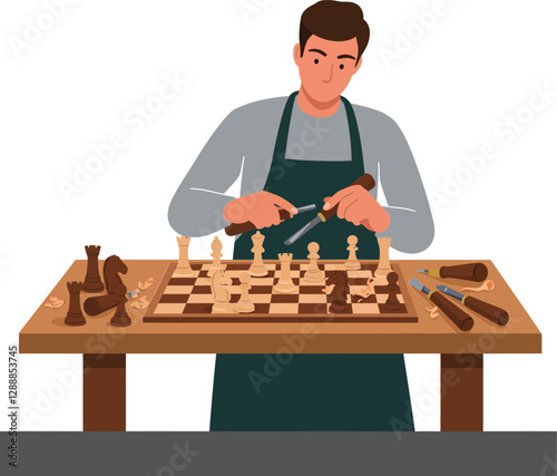 Chess artisan carefully crafting pieces at wooden table with tools and game board