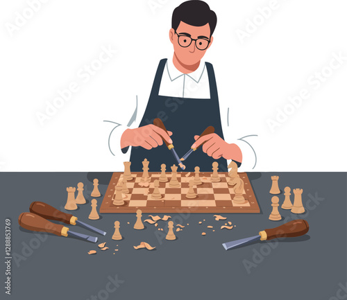 Man meticulously carving chess pieces while focused on the wooden chessboard in workshop