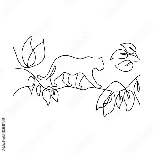 Elegant OneLine Drawing Jungle Cat Walking on Branches